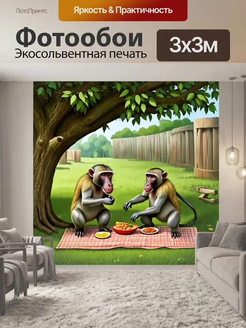 Фотообои заросшая местность зоопарка, где бабуины устроили пикник под раскидистым деревом