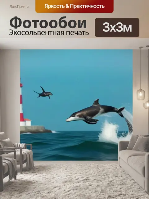 Фотообои дельфины, выпрыгивающие из моря на фоне маяка