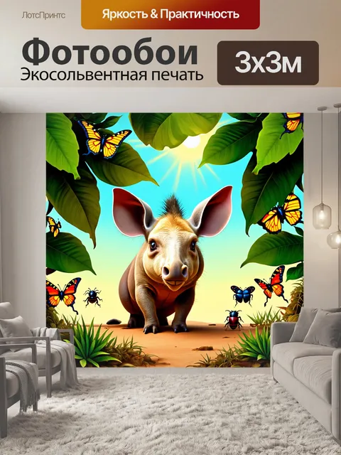 Фотообои трубкозуб, прячущийся под широкими листьями, в окружении ярко окрашенных бабочек и забавных жуков, солнечный…