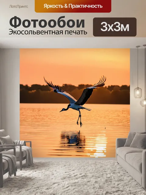 Фотообои журавль в полете над живописным озером на закате