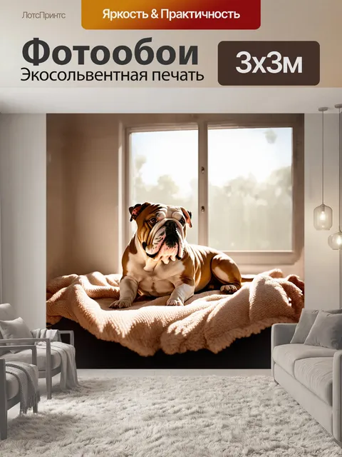 Фотообои на изображении изображен английский бульдог, удобно устроившийся на мягком пледе в солнечном углу комнаты