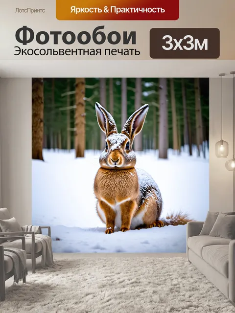 Фотообои заяц, сидящий на заснеженной земле зимой, с легким снежком на ушах и мягкой зимней шерстью, окруженный…