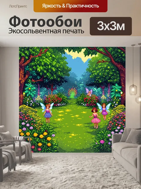 Фотообои пейзаж в стиле пиксель-арт, волшебный сад с феями и мерцающими огнями