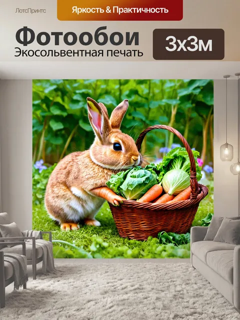 Фотообои зайчик, собирающий свежие овощи в огороде, с корзиной, полной моркови и капусты
