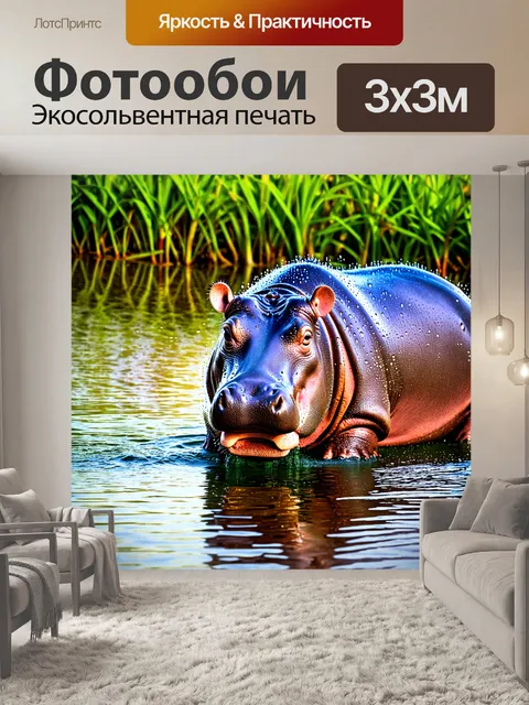 Фотообои после дождя бегемот выходит из воды, его тело покрыто каплями, сверкающими на солнце