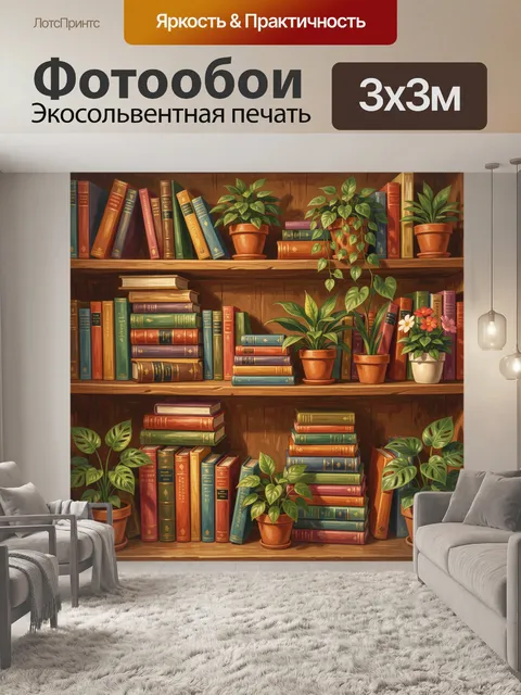 Фотообои Полка с книгами и комнатными растениями