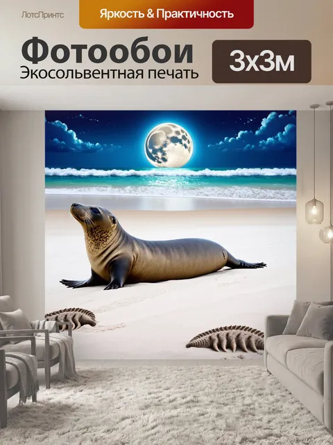 Фотообои тюлень, отдыхающий на обширной белоснежной пляже, с тонкими следами на песке, оставленными другими морскими…