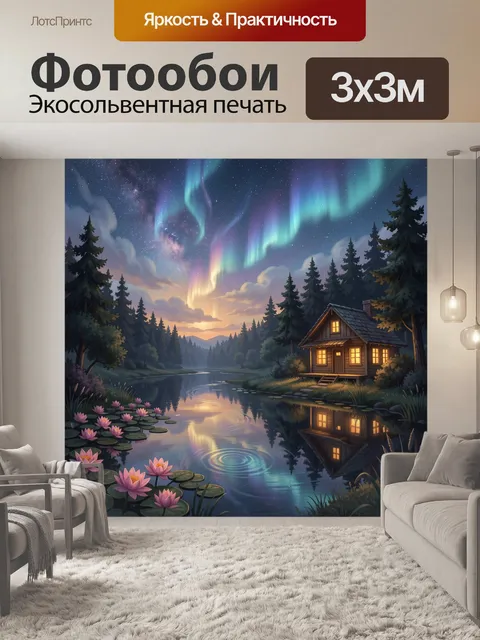 Фотообои Северное сияние над лесной рекой