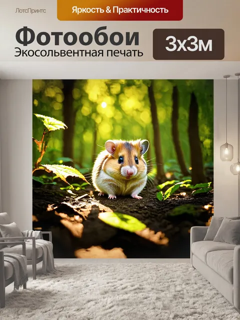 Фотообои в тихой лесной чаще, карликовый хомяк осторожно исследует свой новый мир, его маленькие лапки с любопытством…