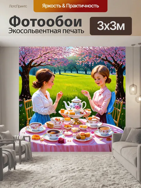 Фотообои в стиле акриловые краски, с изображением чаепития с традиционными сладостями на фоне цветущих деревьев весной