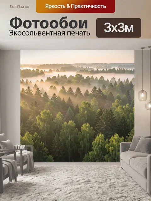 Фотообои над густым лесом из зелёных и тёмно-зелёных деревьев