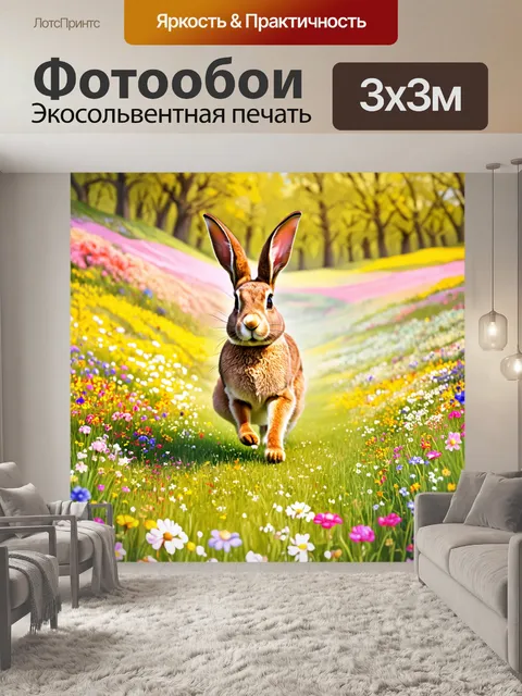 Фотообои заяц, катающийся на самокате в цветовом поле, с яркими цветами вокруг, в стиле живописной иллюстрации