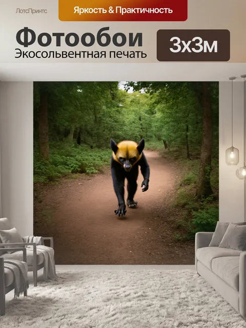 Фотообои росомаха, идущая по лесному пути в зоопарке, снятая с квадрокоптера в стиле аэрофотографии с использованием…