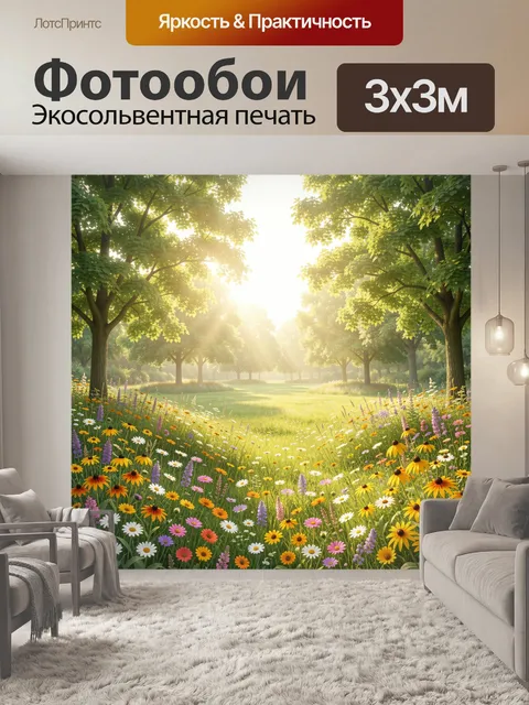 Фотообои Солнечная лесная поляна с цветами