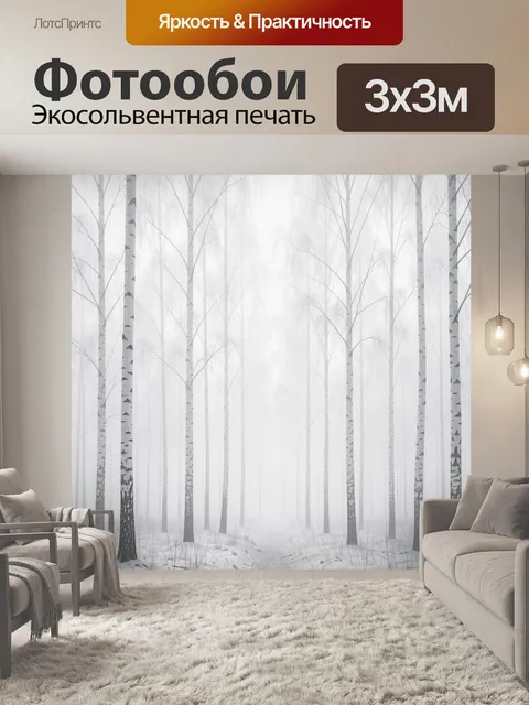 Фотообои Зимний березовый лес в тумане