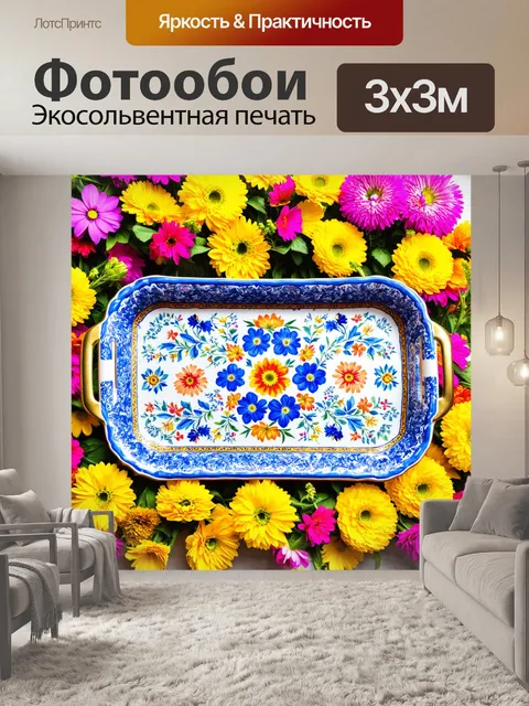 Фотообои с изображением традиционного русского подноса, яркие цветы
