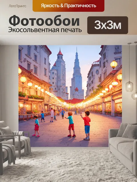 Фотообои город в стиле пастельный рисунок с детьми, играющими на площади, и яркими фонарями, освещающими сцену