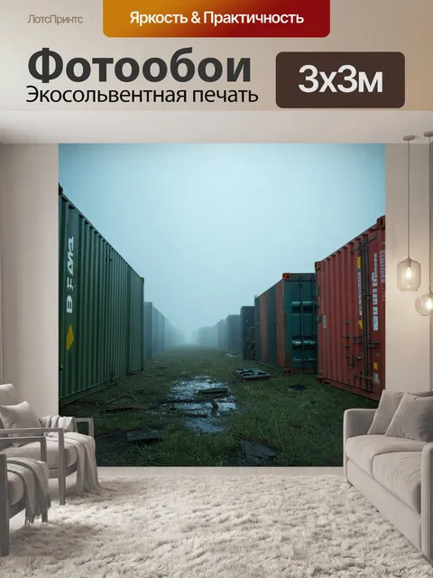 Фотообои туман в стиле кинематографический на заброшенной военной базе, контейнеры и техника окружены туманом
