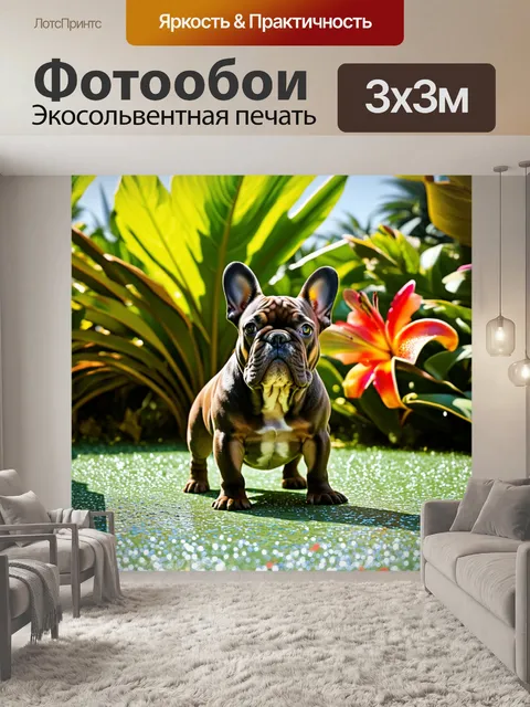 Фотообои в ботаническом саду, французский бульдог исследует тропические растения, слышны звуки природы