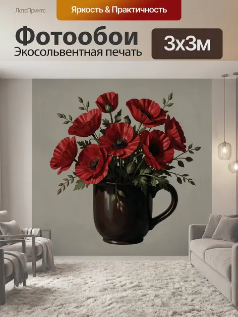 Фотообои Красные маки в тёмной вазе