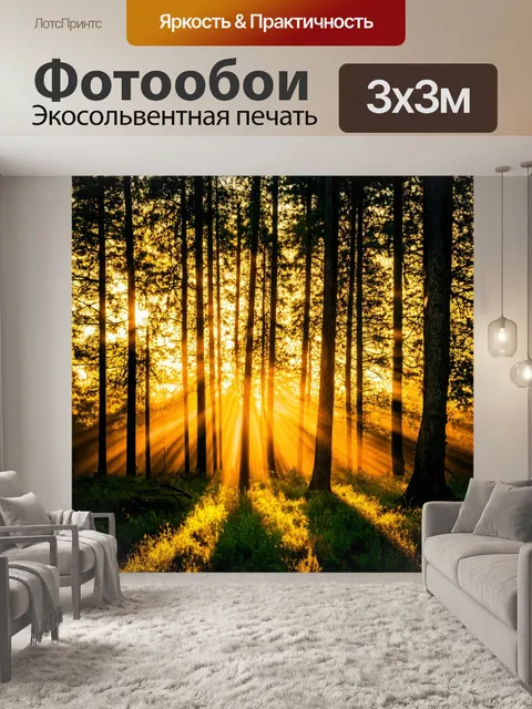 Фотообои закат над лесом, тепло желтого света, столбики света пробиваются сквозь деревья