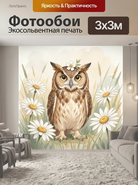 Фотообои Сова в ромашковом поле