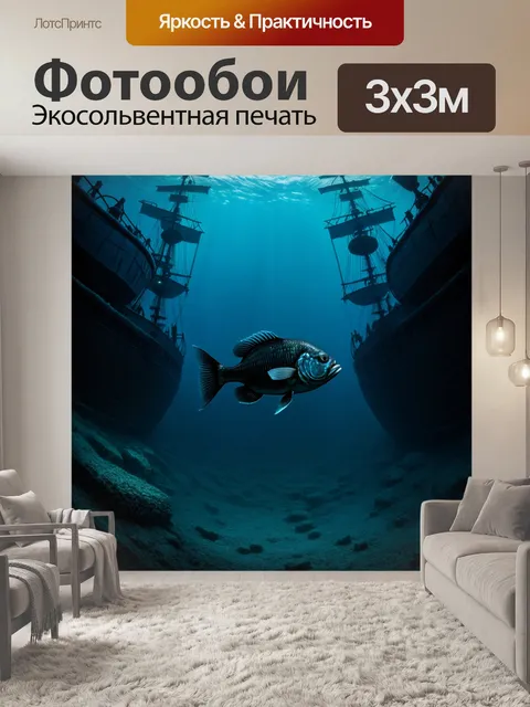 Фотообои в мрачных глубинах океана темная и загадочная рыба прячется среди затонувших кораблей