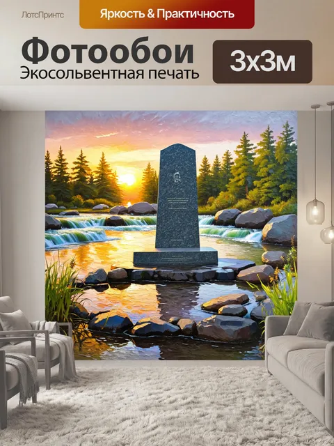 Фотообои гранитный памятник, окружённый текущей водой волги, с зеленью и камнями на переднем плане, создающими…