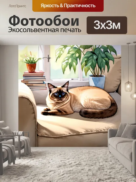 Фотообои нежный сиамский кот лежит на уютном диване, вокруг него сладкие моменты повседневной жизни