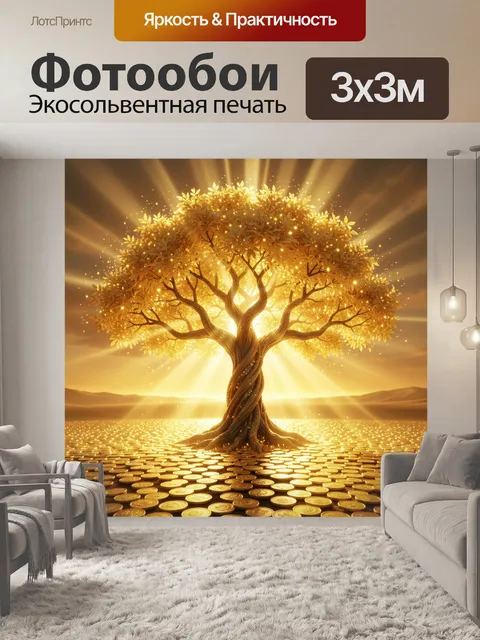 Фотообои Сияющее золотое дерево на монетах