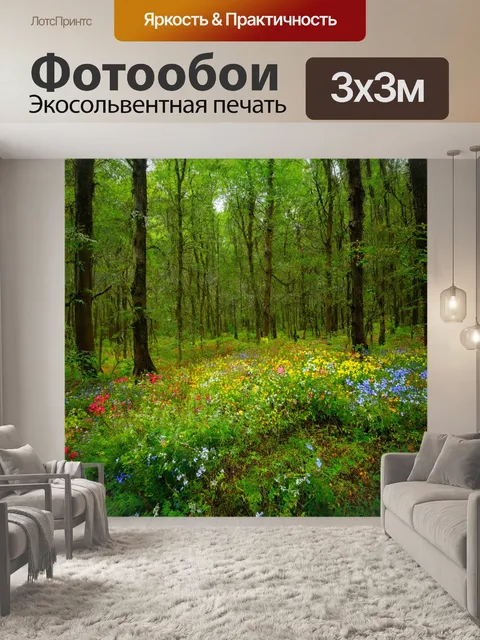 Фотообои лес с редкими растениями и яркими цветами, создающими живописный пейзаж