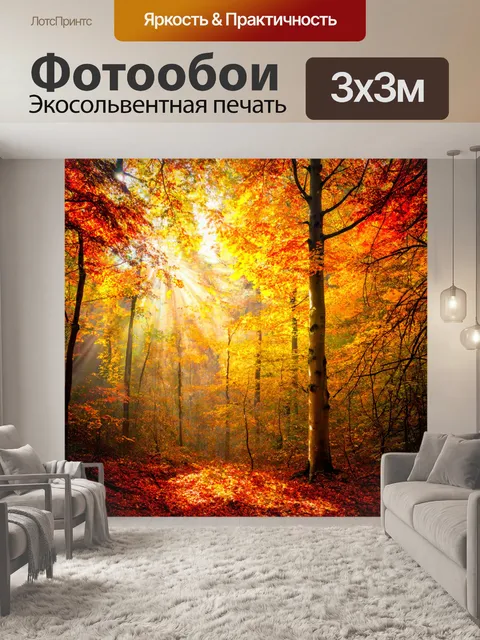 Фотообои осенний лес с яркими листьями, золотистые и красные оттенки, свет солнца пробивается сквозь кроны деревьев