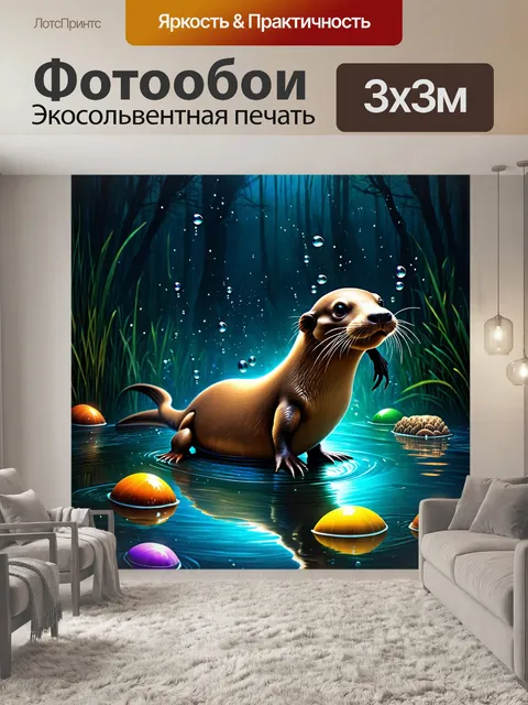 Фотообои утконос, охотящийся за раками в тёмной воде, со светящимися пузырьками воздуха вокруг него