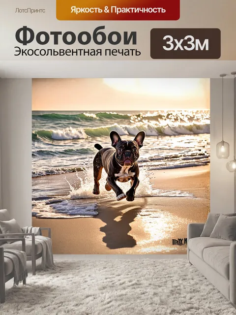 Фотообои щенок французского бульдога весело бегает по морскому побережью