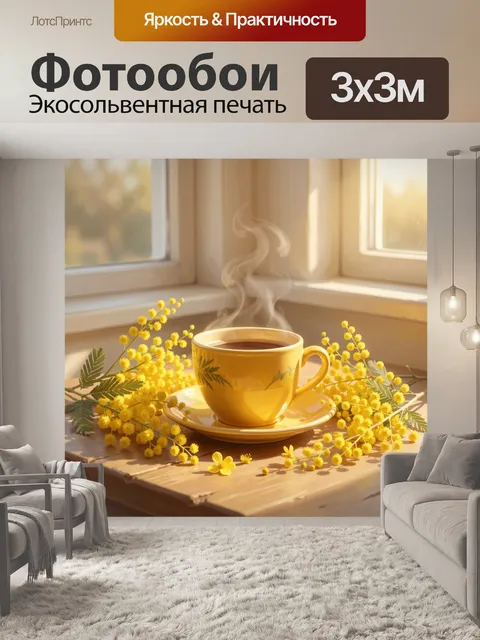 Фотообои Чашка чая с мимозой