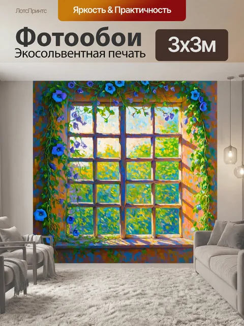 Фотообои изображение, где лоза утренней славы сплетена в причудливые узоры, образуя обрамление для старого окна с…