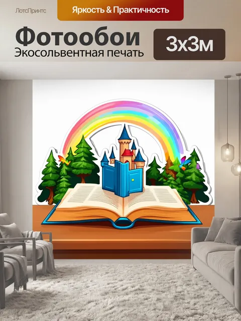 Фотообои Мультяшный стиль, наклейка, логотип, большая открытая книга в синем переплете лежит на столе, от страниц…