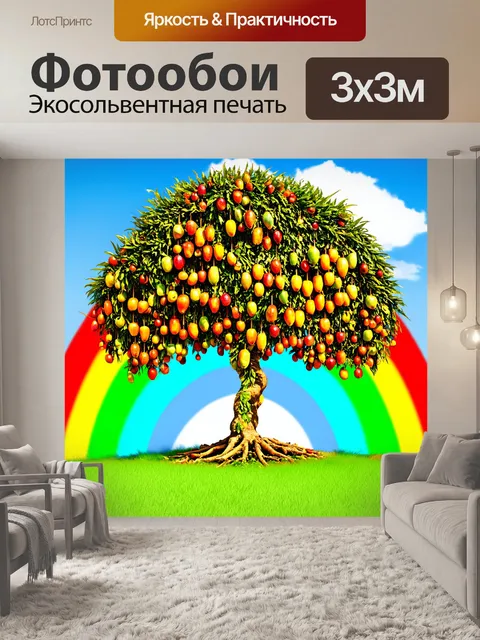 Фотообои замечательное дерево с экзотическими фруктами, свисающими на фоне радуги