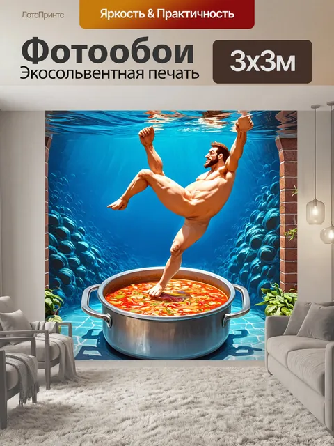 Фотообои в стиле мультяшный с гигантским пловцом, переплывающим в кастрюле с супом
