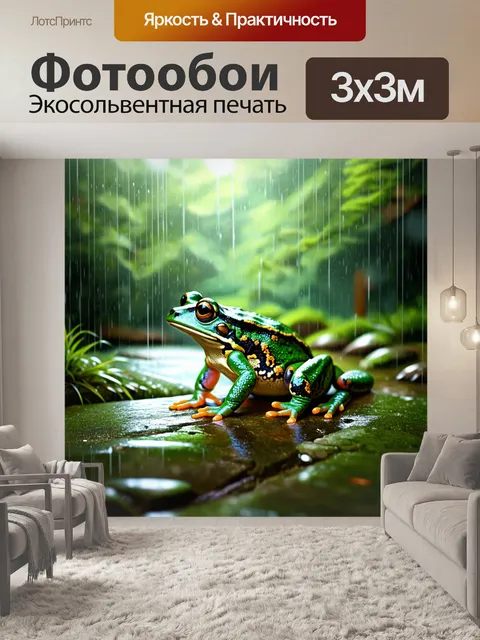 Фотообои тема: лягушка с яркими цветами на спине, сидящая на камне в дождливый день