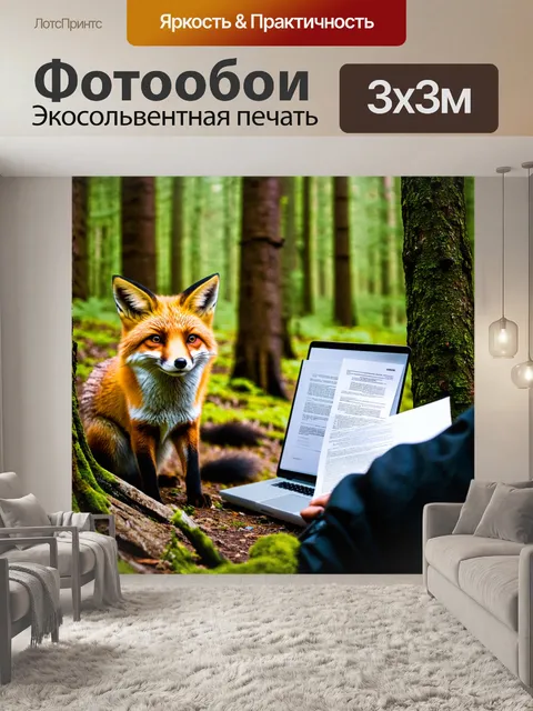 Фотообои лиса-ресурсный менеджер, управляющая проектами в лесу, с документами и ноутбуком среди деревьев
