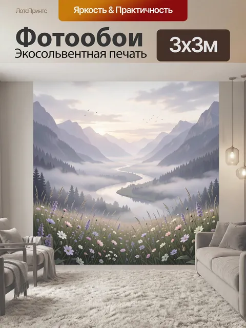 Фотообои Туманные горы и цветущий луг