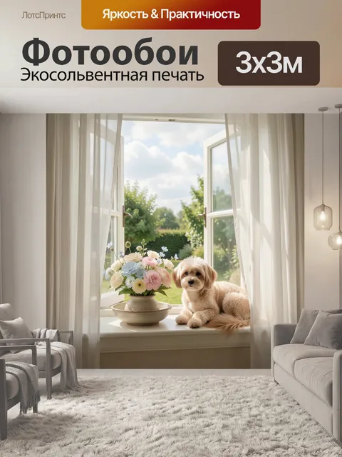 Фотообои Щенок у открытого окна с цветами