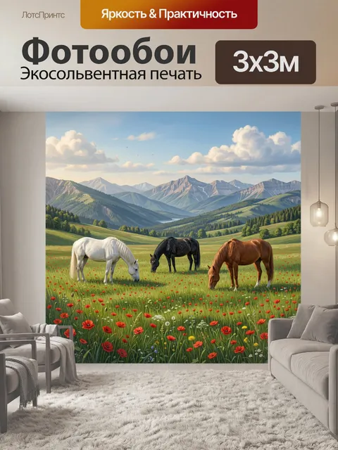 Фотообои Лошади на цветочном лугу