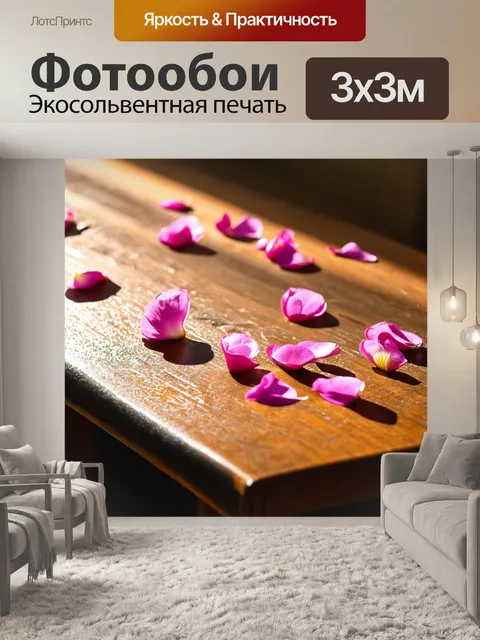 Фотообои нежные розовые лепестки, разложенные на старинном деревянном столе