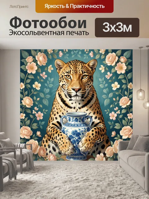 Фотообои Леопард с фарфоровой вазой