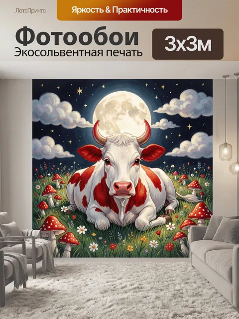 Фотообои Корова под луной в поле