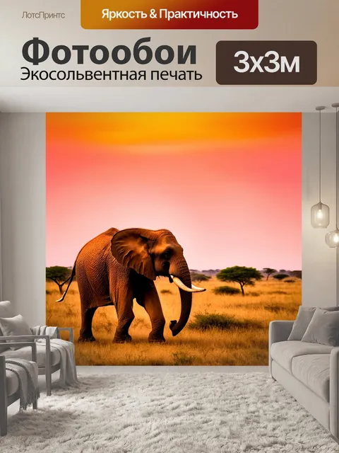 Фотообои коричневый слон, прогуливающийся по саванне, на фоне заката, яркие оттенки оранжевого и розового