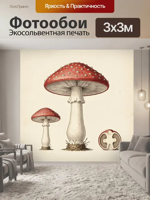 Фотообои Красные мухоморы в ботанической иллюстрации