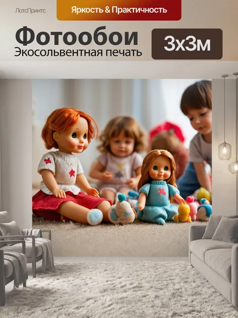 Фотообои винтаж, изображающие куклы с тканевыми игрушками, окружённые детьми, играющими на полу, создавая ощущение…